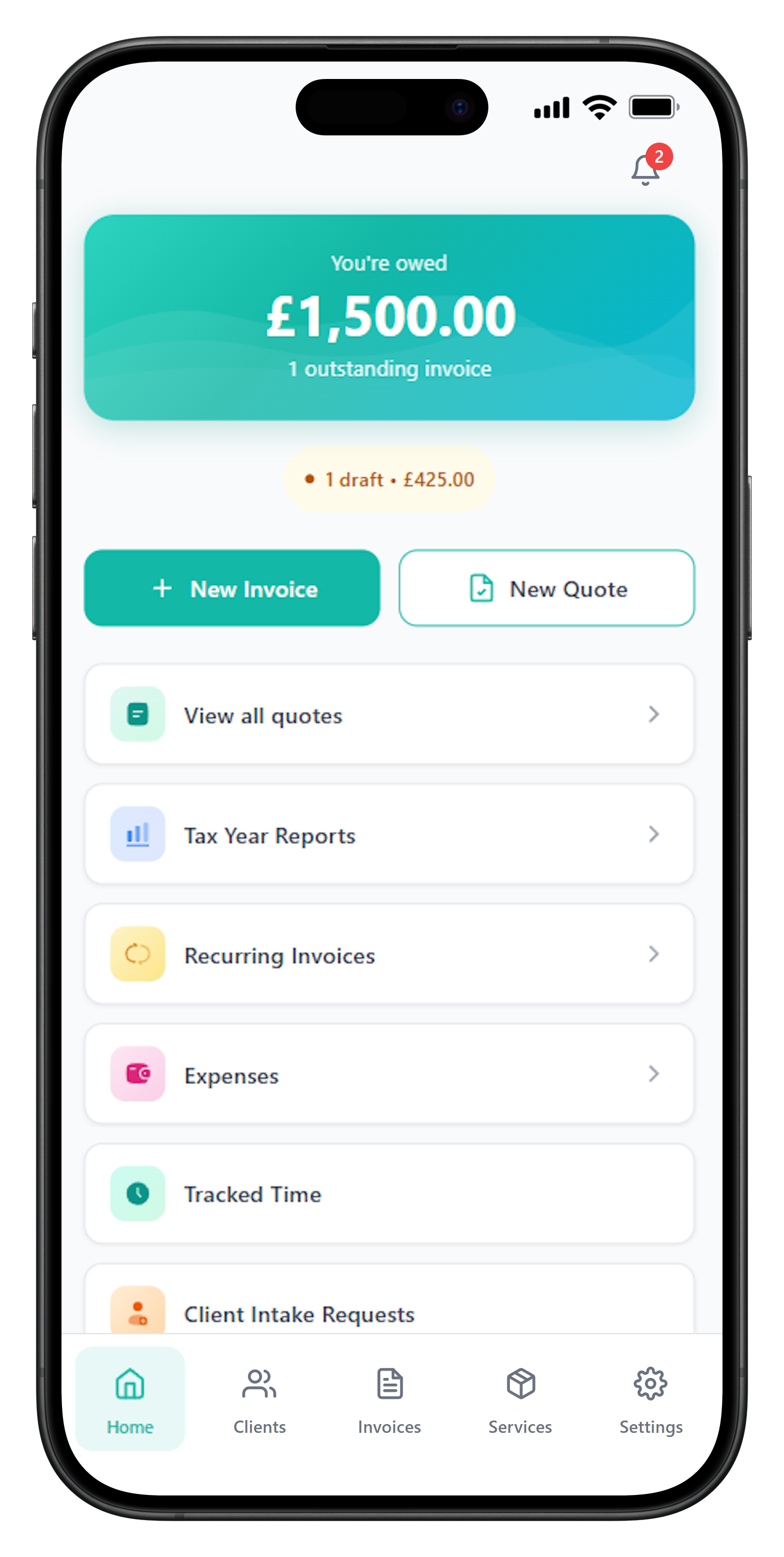 FreelancerHub mobile dashboard showing outstanding balance, quick actions, and invoice tracking