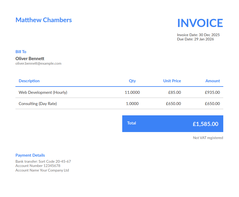 Professional invoice PDF generated by FreelancerHub with branding, line items, and payment details