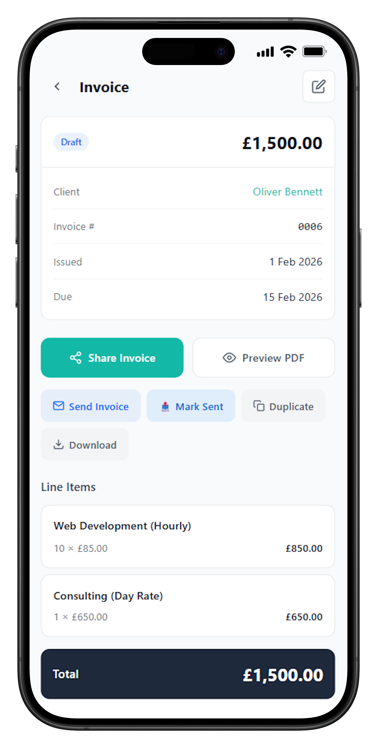 FreelancerHub mobile app showing invoice details with share and send options