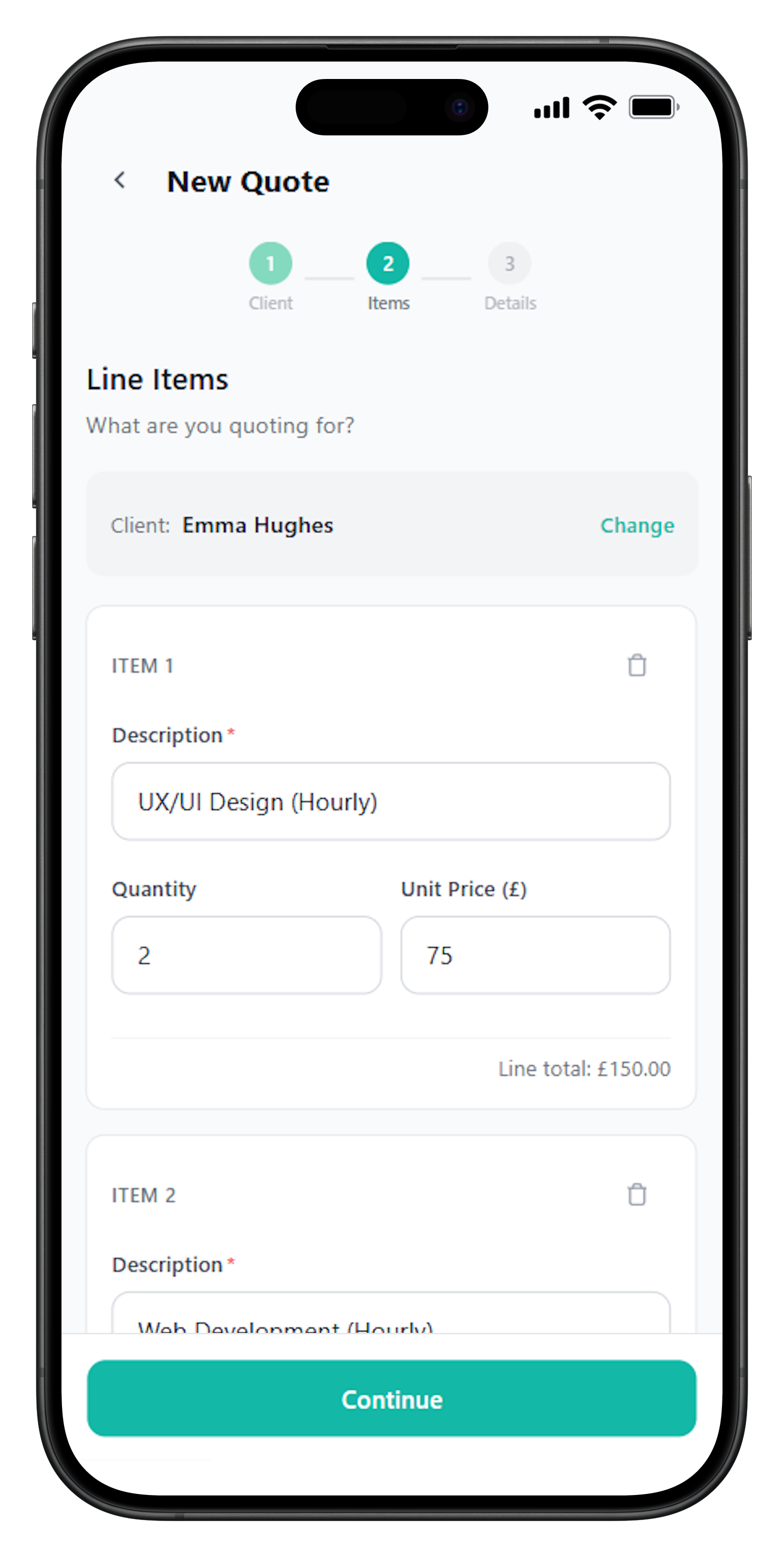 FreelancerHub quote creation screen with line items, quantities, and pricing
